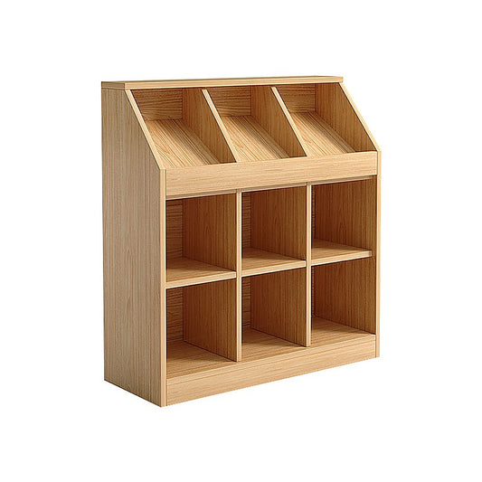 Wooden bookshelf with multiple shelves on a white background