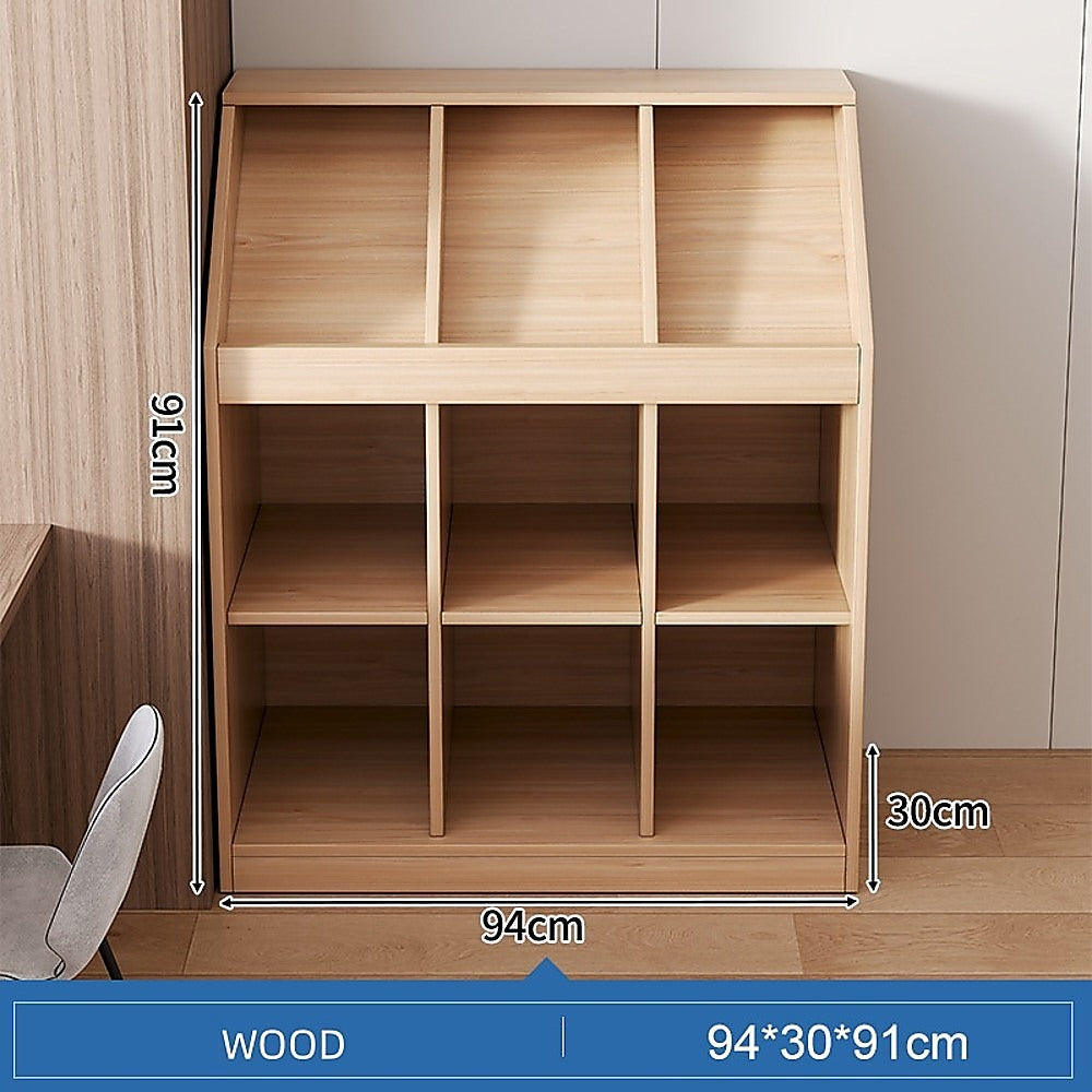 Wooden bookshelf with dimensions indicated on a neutral background