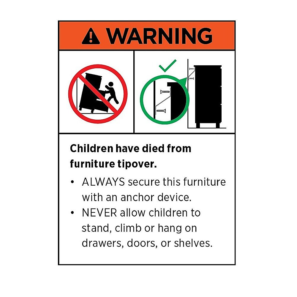 Safety warning sign about furniture tipovers with icons and text on a white background